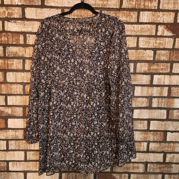 ZARA Brown Floral Sheer V-neck Long Sleeve Boho Mini Dress Size L - Picture 4 of 5